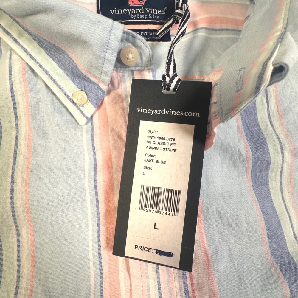 NWT Vineyard Vines Mens Awning‎ Stripe SS Classic Fit Shirt Jake Blue Large